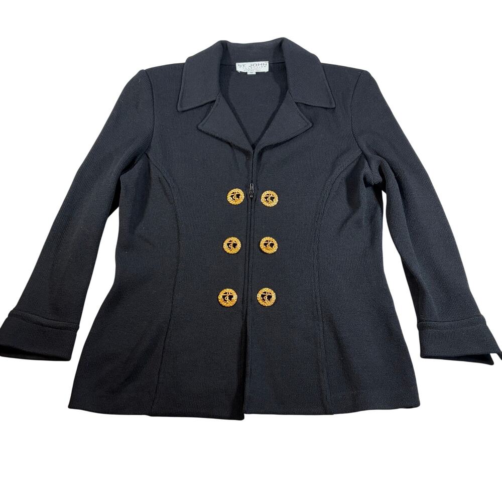 VTG St John Collection Marie Gray womens black knit jacket. Sz 10. gold buttons.